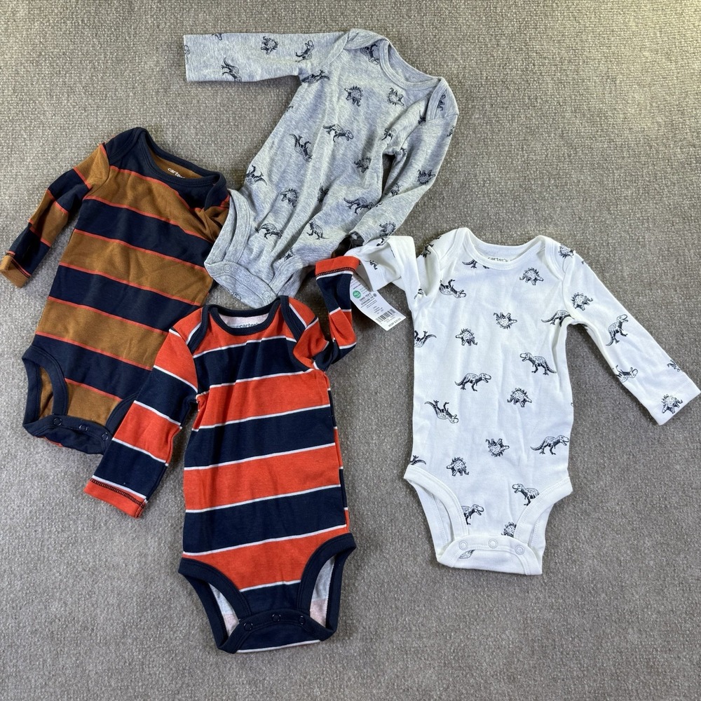 Carters Long Sleeve Bodysuits 4 Pack NWT Size 3 Months Dinos & Stripes